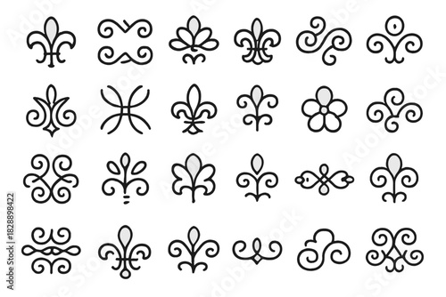 Set of twenty elegant ornamental design elements including stylized floral motifs and scrolls