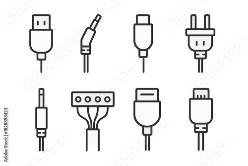 Collection of outline icons showing common electronic plugs, jacks, and cable connectors