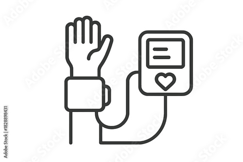 Digital blood pressure monitor cuff wrapped around a human wrist for health screening