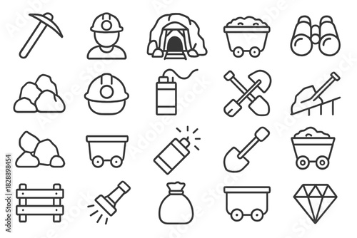 Outline symbols representing mining tools, excavation equipment, and precious materials