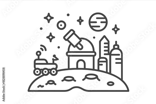 Futuristic space colony base with telescope, scientific rover, and habitat structures