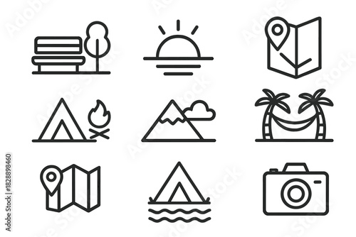 Minimalist set of travel, camping, and outdoor activity outline symbols