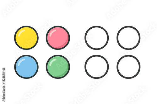 Set of eight circular design elements including four colored glossy circles and four black outline rings