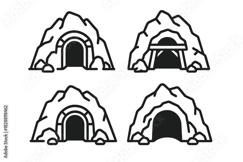 Set of four stylized mine or cave entrance symbols in rocky mountainside formations