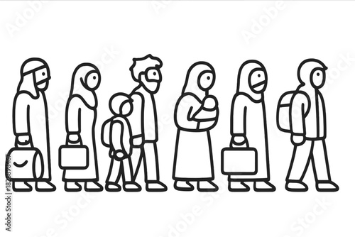 Diverse group of people walking in a line carrying luggage symbolizing migration and displacement