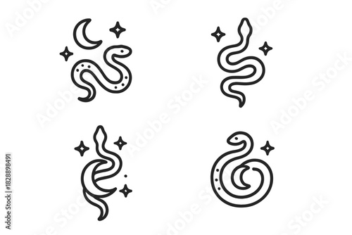Mystical snake symbols with crescent moon and sparkling stars in thin line style