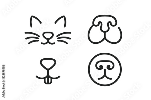 Minimalist line art animal faces including cat, dog, and rabbit muzzles