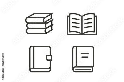 Outline icons set featuring stacked books, open reading material, and closed notebook symbols