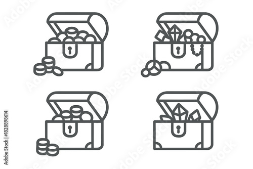 Four variations of open treasure chests overflowing with gold coins and valuable jewels