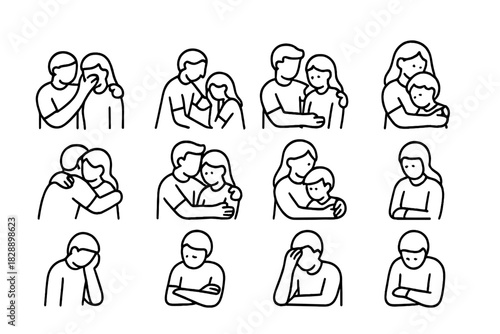 Simple icons depicting people comforting, hugging, and expressing sadness or depression