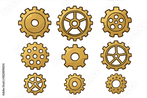 Detailed golden metallic cogwheels and mechanical parts for industrial and technology designs