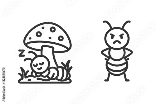 Sleeping caterpillar resting under a mushroom next to an angry insect character