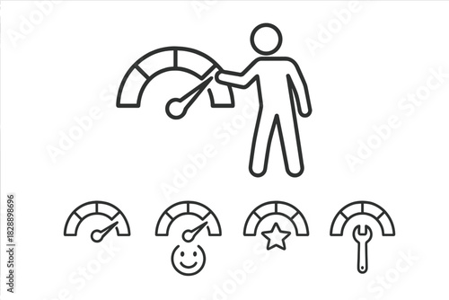 Set of performance measurement icons showing control, feedback, rating, and settings gauges