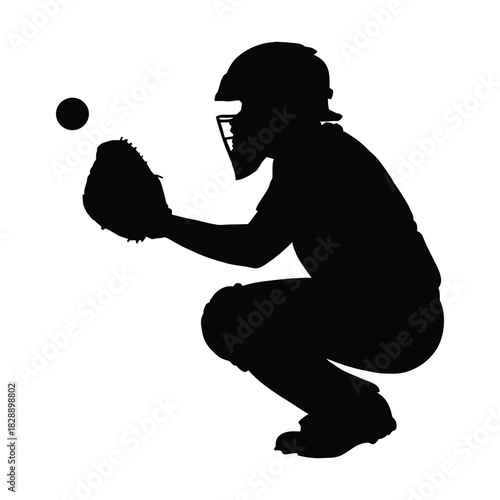 Baseball catcher silhouette icon set. Baseball catcher silhouette ready to catch ball in mitt during game