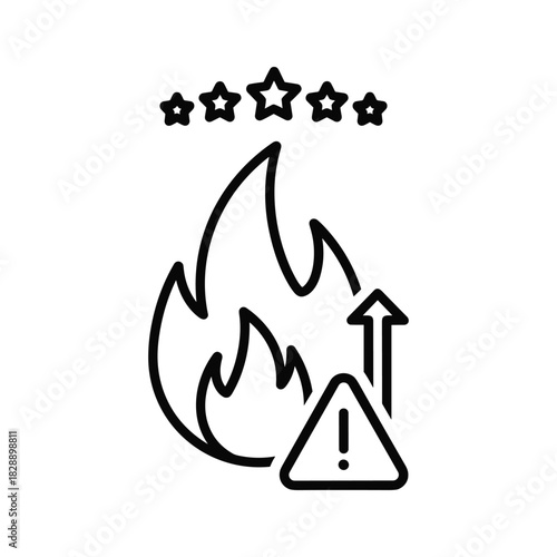 Hot warning sign with five star rating and upward arrow icon
