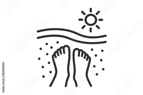 Bare feet relaxing on a sunny beach with sand and ocean waves