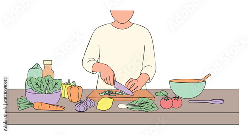 A person prepares a healthy meal, chopping vegetables on a wooden cutting board with fresh produce, creating a vibrant and nutritious culinary experience at home.