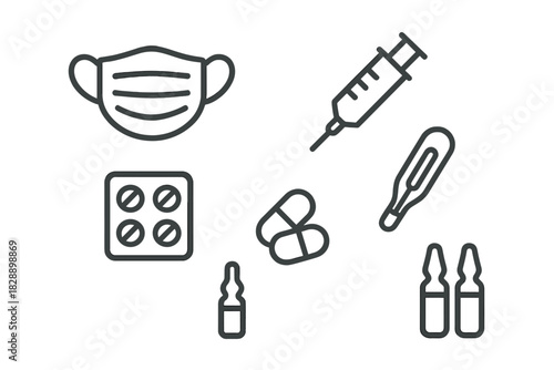 Outline medical supplies, protective gear, vaccination tools, and pharmaceutical drugs set