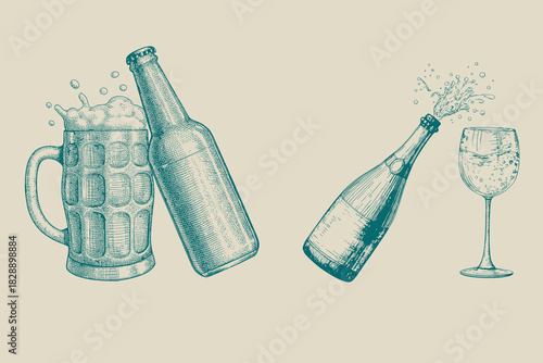 Alcohol bottle and two glasses with splash drinks. hand drawn sketch drinking elements vector illustration. Eps 10