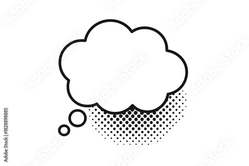 Pop art style thought bubble graphic element with halftone pattern and thick black outline