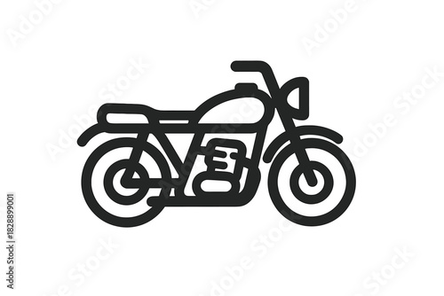 Minimalist black and white line art of a vintage cruiser motorcycle in profile view