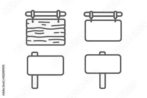 Outline style collection of blank wooden signs, hanging boards, and rustic notice posts