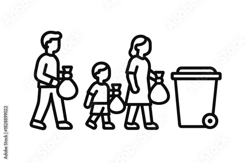 Family walking together carrying garbage bags to a trash can for disposal and recycling