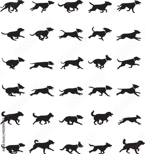Collection of dog running silhouette icons in various poses