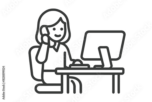 Customer service agent talking on the phone while working at a computer desk