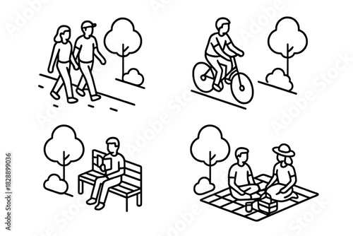 People enjoying outdoor leisure activities like walking, cycling, reading, and picnicking