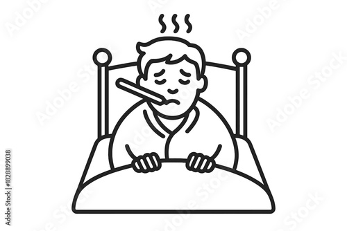 Unwell person lying in bed suffering from cold or flu symptoms with high fever and thermometer