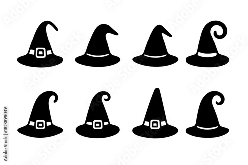 Set of eight different black silhouette witch hats for Halloween decoration