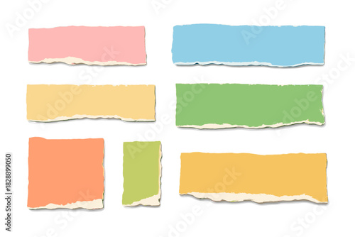Collection of colorful ripped paper pieces with rough edges isolated on a white background