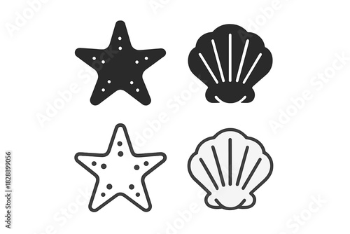 Black and white sea stars and scallop shells in filled and outlined styles