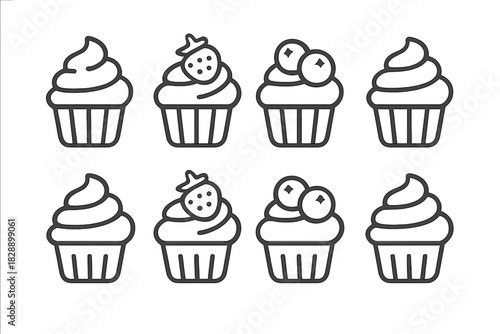 Minimalist line art of sweet cupcakes with whipped cream, strawberry, and blueberry toppings