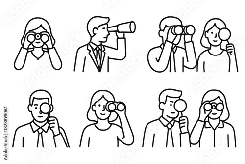 Minimal line art icons of men and women using optical tools for search and discovery