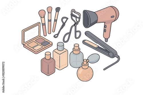 Isometric collection of beauty products, makeup brushes, perfume, and hair styling tools