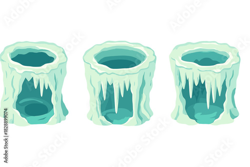 Three frozen ice holes and arctic cave entrances covered in sharp icicles and snow