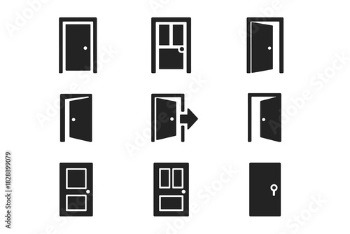 Set of door icons showing entry, exit, open, and closed states for user interface design