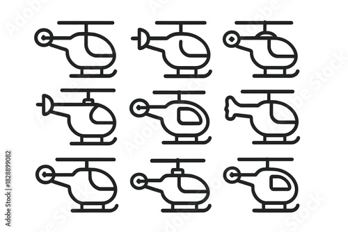 Set of nine different helicopter outline icons for transportation and aviation concepts