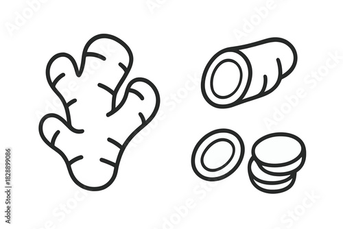 Ginger root, whole, sliced pieces, and cut rhizome used for cooking or herbal medicine