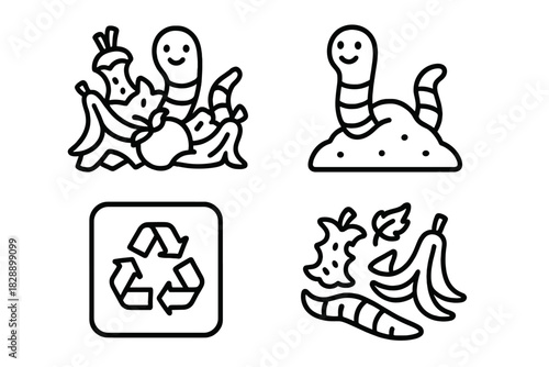 Set of black and white line icons representing composting, organic waste management, recycling, and earthworms