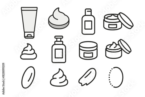 Minimalist outline collection of cosmetic products and skincare containers with cream swatches