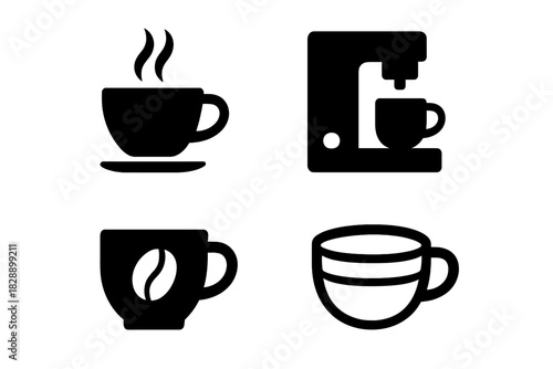 Minimalist black silhouette coffee icons set with steaming cups and brewing machine