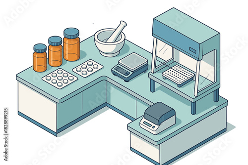 Isometric view of a pharmacy compounding counter with scales, mortar, pestle, and medicine bottles