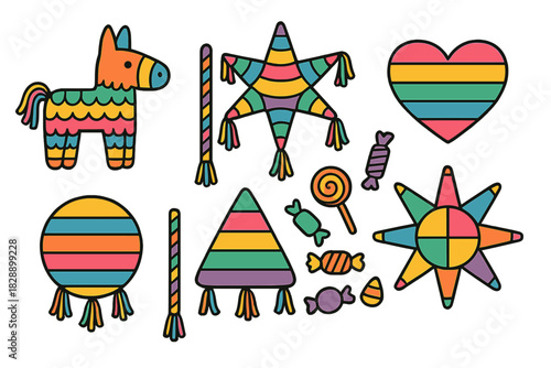 Colorful traditional Mexican pinata shapes and assorted candies for fiesta celebration