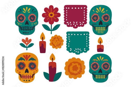 Traditional Mexican Day of the Dead symbols with sugar skulls, marigolds, and burning candles
