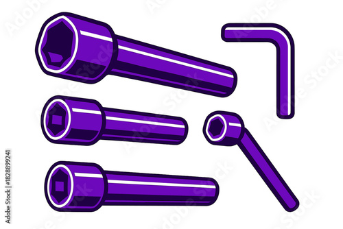 Assortment of purple socket wrench extensions and hex key for repair and maintenance work