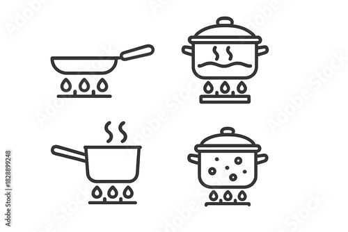 Kitchen cooking process icons set with boiling pots and frying pan on heat
