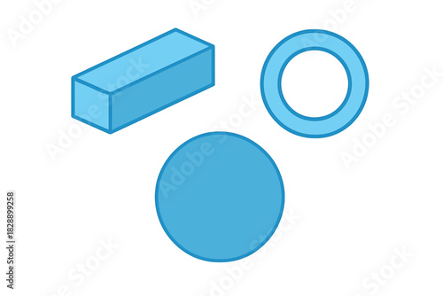 Basic blue geometric shapes collection featuring a solid circle, ring, and rectangular prism